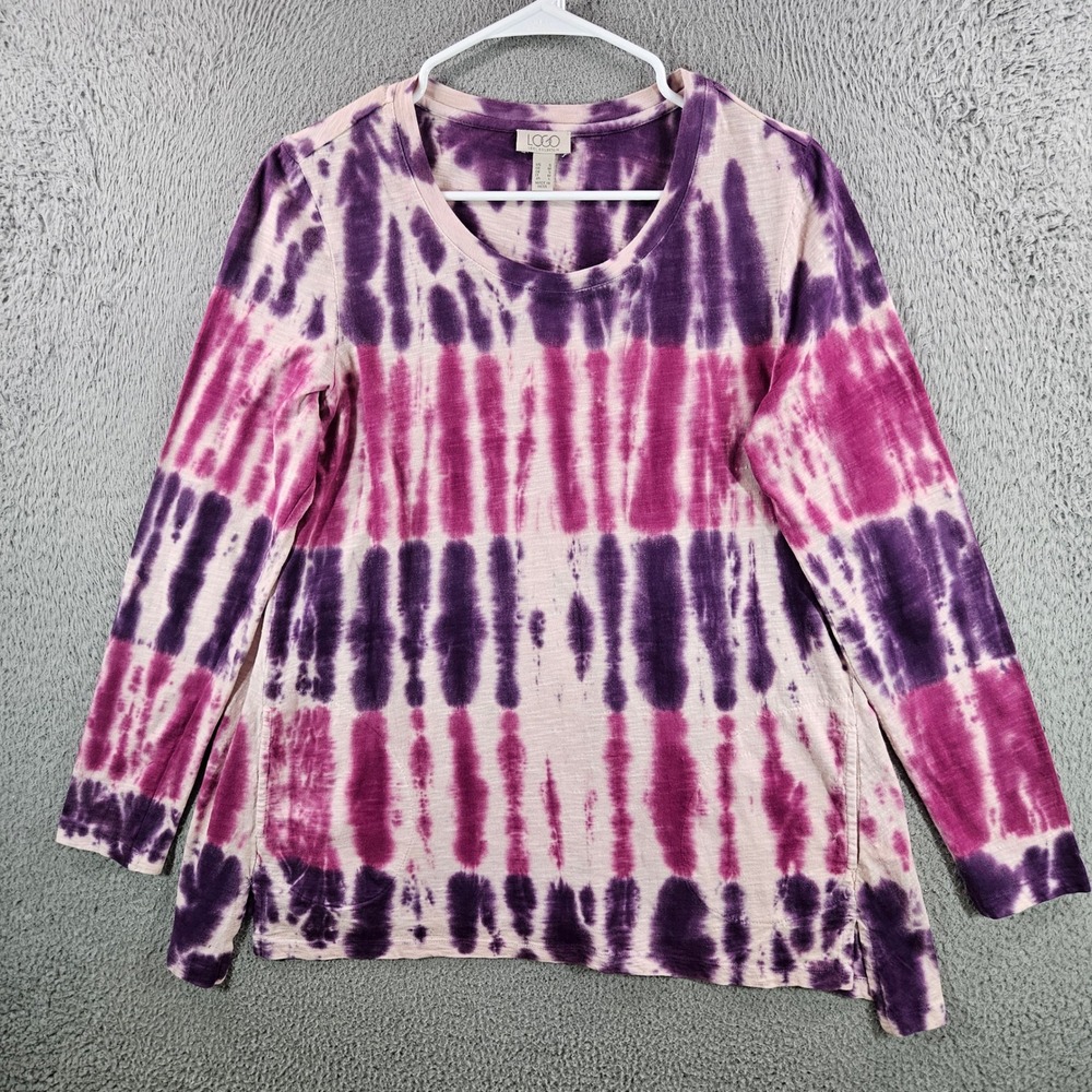LOGO Lori Goldstein Womens Purple Tie Dye Cotton Slub Long Sleeve Pocket Top S